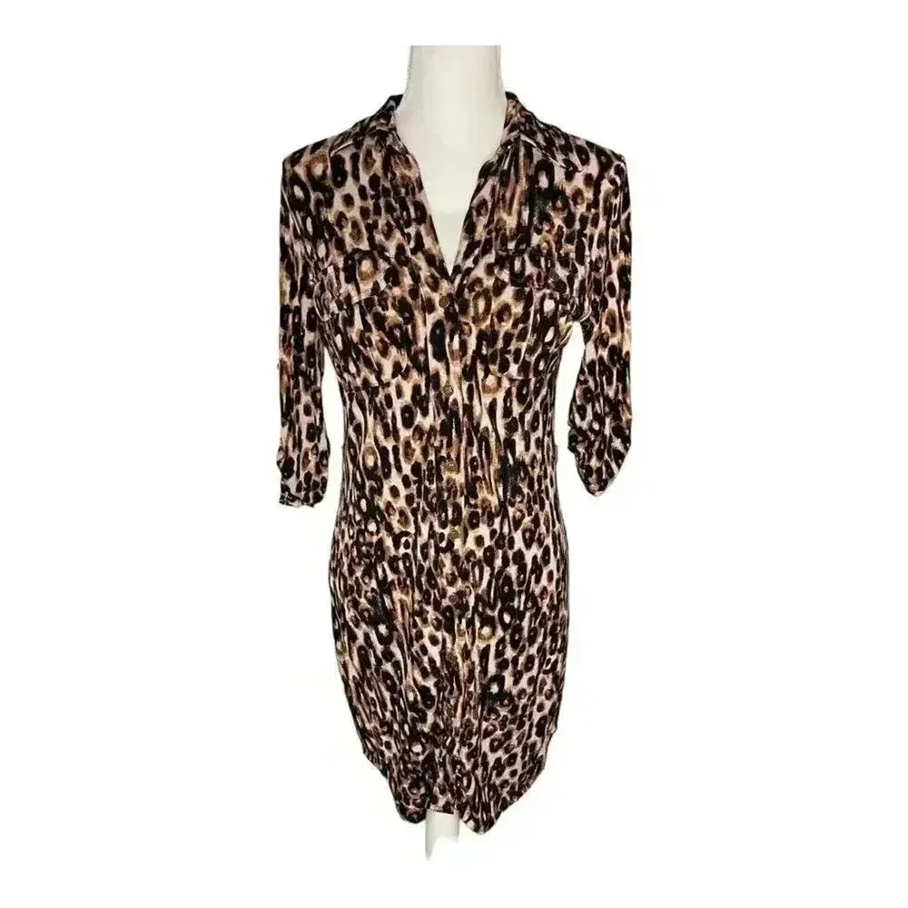 New York & Company Women’s XS Stretchy‎ Cheetah Print Button Front Dress